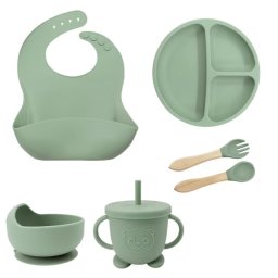 Set hranire bebelusi si copii, pentru diversificare din silicon, 6+ luni, farfurie, bol, bavetica, tacamuri, Verde