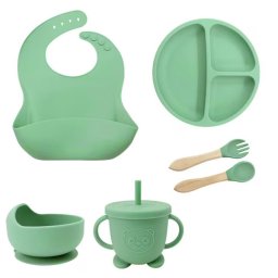 Set hranire bebelusi si copii, pentru diversificare din silicon, 6+ luni, farfurie, bol, bavetica, tacamuri, Turcoaz