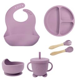 Set hranire bebelusi si copii, pentru diversificare din silicon, 6+ luni, farfurie, bol, bavetica, tacamuri, Mov
