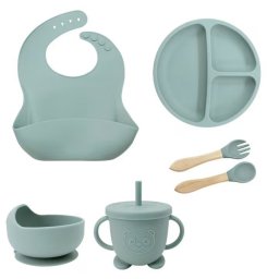Set hranire bebelusi si copii, pentru diversificare din silicon, 6+ luni, farfurie, bol, bavetica, tacamuri, Albastru