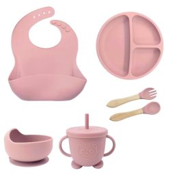 Set hranire bebelusi si copii, pentru diversificare din silicon, 6+ luni, farfurie, bol, bavetica, tacamuri, Roz bombon