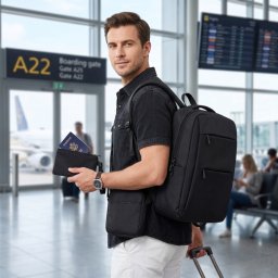 Set Rucsac calatorie si laptop cu USB, Geanta si Portofel Triple Power, Rucsac 41x29x13 cm, Bagaj de mana gratuit WizzAir Ryanair, Ideal pentru City Break, Business si Scoala, Negru