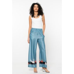 Pantaloni palazzo Dasha turcoaz Hermosa – satin imprimat, ediție limitată, fabricați în România