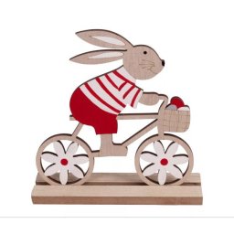 Decor- iepuraș cu bicicletă, lemn , 16 cm