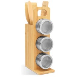 BEWELLO BW1007 magnetic suport pentru condimente inoxidabil oţel / bambus