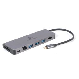 GEMBIRD USB Type-C 5-in-1 multi-port adapter (Hub + HDMI + PD + card reader + LAN) gri