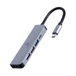 Adaptor multiport Gembird A-CM-COMBO5-03, USB Type-C 5-in-1, USB-C x 1, USB-A 3.1 x 1, USB-A 2.0 x 2, HDMI x 1, PD 87W, Argintiu