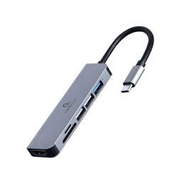 Adaptorul multiport Gembird A-CM-COMBO6-02, USB de tip C 6-in-1, conec PC USB Type C, USB-C x 1, USB-A 2.0 x 3, HDMI x 1, SD card, Argintiu