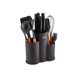 Set cutite si ustensile de bucatarie 14 piese Zass Gourmet ZG-KS 08, Suport cu 3 compartimente, Negru