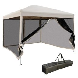 Pavilion/foisor pentru gradina/terasa, cadru metalic, material Oxford, cu plasa pentru insecte, geanta, crem, 2.97x2.97x2.55 m