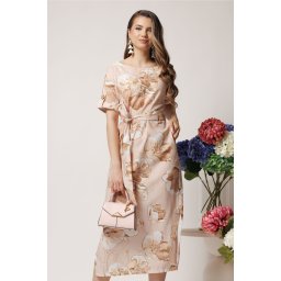Rochie de zi bej cu imprimeuri florale si cordon in talie