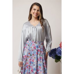 Bluza DY Fashion eleganta din satin gri cu funda si pliuri