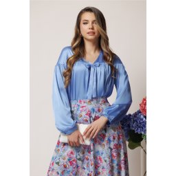 Bluza DY Fashion eleganta din satin bleu cu funda si pliuri