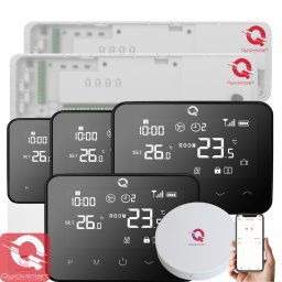 Kit Automatizare Incalzire Pardoseala Wireless Q20, Controller 2x 8 zone, 4x termostat Q20, Gateway Hub, aplicatie Smart, Negru