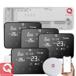 Kit Automatizare Incalzire Pardoseala Wireless Q20, Controller 8 zone, 4x termostat Q20, Gateway Hub, aplicatie, Negru
