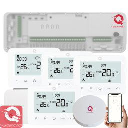 Kit Automatizare Incalzire Pardoseala Wireless Q20, Controller 8 zone, 4x termostat Q20, Gateway Hub, aplicatie, Alb
