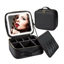 Geanta pentru cosmetice cu oglinda si lumina LED compartiment separat pentru pensule