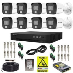 Kit supraveghere complet Hikvision 8 camere 5MP Microfon Dual Light Lentila 2.8mm, DVR 8 canale 8MP Audio AcuSense, Accesorii montaj, HDD 1TB + Autocolant Rovision