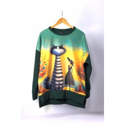 Hanorac Verde Închis Cu Imprimeu Pisică Și Femeie – Hanorac Artistic Casual