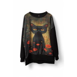 Hanorac Negru Cu Pisică Și Maci – Hanorac Casual Oversize Cu Imprimeu Artistic