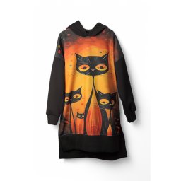 Hanorac Negru Oversize Cu Glugă Și Imprimeu Artistic Pisici – Casual Lung Asimetric