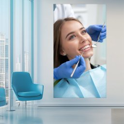 Tablou Canvas Pacientă Zâmbitoare la Dentist DNT28 (Dimensiune LxH: 90x160cm)