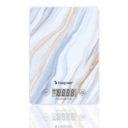 Cantar de bucatarie Beper P102BIL001, Pana la 5 kg, Afișaj LCD, Alimente solide si lichide, Control tactil, Sticla, Marmura