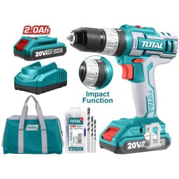 TOTAL - Masina de gaurit cu percutie si acumulator 20V-2.0Ah Li-Ion (2 acumulatori + 50 accesorii) (INDUSTRIAL)