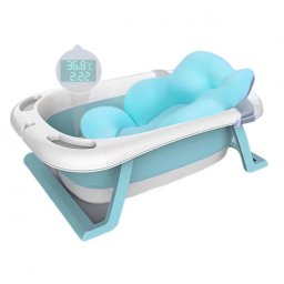 Cadita pliabila cu suport buretat si termometru, pentru bebelusi, bleu