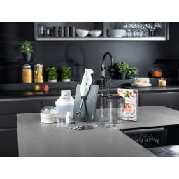 Mixer BAMIX Baking 200W, 4 lame, SliceSy, Procesor, Motor profesional, Vas 1000ml, Vas 600ml, Vas 400ml, Stand Swissline, Alb