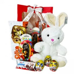 Pachet GiftDay , Iepuras de plus alb 31cm, Prajitura Casei Alka 350g, Iepuras de ciocolata Heidi 45g, Kinder delice si trei oua Kinder Surprise in punga cadou