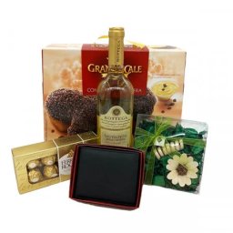 Pachet cadou Stars barbati, Bottega Sauvignon, Panettone Granducale de 750g, 8 praline Ferrero, flori uscate si un portofel din piele naturala