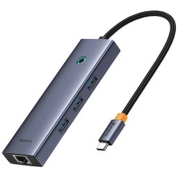 Statie de andocare Baseus UltraJoy 4 in 1, input USB Type-C, output 3 x USB 3.0, 1 x LAN RJ45,Gri