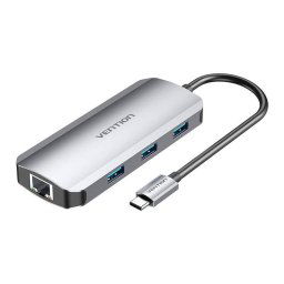 Statie de andocare Vention, HDMI(M), 3xUSB 3.2 gen1, RJ-45, PD 100W, conec prin USB-C(T), rata transfer 5Gbps, aliaj Al-ABS, retea 1 Gbit, 4K, 30Hz, Argintiu