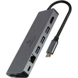 Docking Station Gembird universal, 5-in-1, conectare PC USB Type C, USB-C x 1, USB-A 3.1 x 3, porturi video HDMI x 1, PD 100 W, Audio, Argintiu