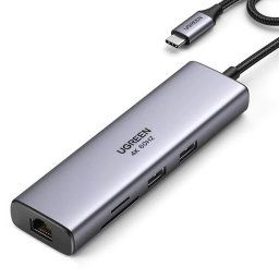 Adaptor Ugreen CM512, 90568, USB-C - 2x USB-A 3.0, HDMI, RJ45, Cititor de carduri SD si TF, USB-C PD, 100W, Gri