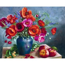 Set goblen cu diamante, cu sasiu, Natura statica cu maci, 40x50 cm