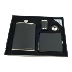 Set cadou format din 4 piese plosca palnie pahar tip shot si tabachera NEGRU SIMPLU
