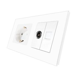 Priza Schuko + TV + Internet cu Rama Din Sticla LUXION, Alb, LX-1MP010/26/25G-W