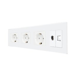 Priza Tripla Schuko + TV + Internet cu Rama Din Sticla LUXION, Alb, LX-3MP010/26/25G-W