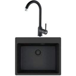 Pachet chiuveta fara picurator + baterie Pola, Franke, MRG 610-54, dreptunghiulara, material compozit Fragranite, 590 x 500 mm, adancime cuva 200mm, scurgere culoare neagra, montare pe blat