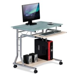 Birou compact pentru calculator metal si sticla cu roti