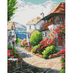 Set goblen cu diamantre, cu sasiu, Oras langa mare, 40x50 cm