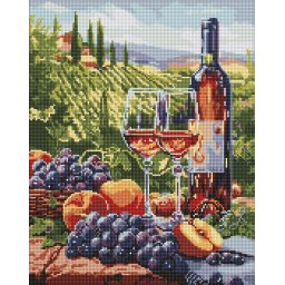 Set goblen cu diamantre, cu sasiu, Vin si fructe, 40x50 cm