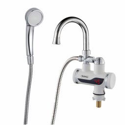 Robinet cu dus incalzire apa instant Rosberg R57100CWS, 3300W, Pana la 60°C, Pipa flexibila, Montare blat, Alb