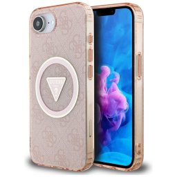 Husa Husa pentru iPhone 16e - Guess IML Metal Glitter 4G Circle Triangle MagSafe (GUHMPSE4HG4PRTGP) - Pink