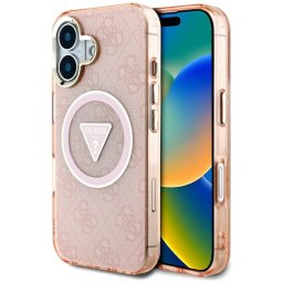 Husa Husa pentru iPhone 16 - Guess IML Metal Glitter 4G Circle Triangle MagSafe (GUHMP16SHG4PRTGP) - Pink