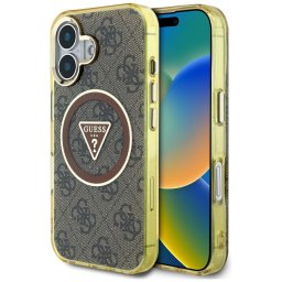 Husa Husa pentru iPhone 16 - Guess IML Metal Glitter 4G Circle Triangle MagSafe (GUHMP16SHG4PRTGW) - Brown