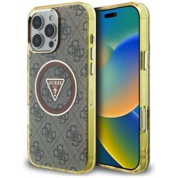 Husa Husa pentru iPhone 16 Pro - Guess IML Metal Glitter 4G Circle Triangle MagSafe (GUHMP16LHG4PRTGW) - Brown