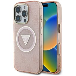 Husa Guess IML Metal Glitter 4G Circle Triangle MagSafe (GUHMP16XHG4PRTGP) - Husă telefon - compatibil cu Apple iPhone 16 Pro Max - MagSafe, Glitter - culoare Roz